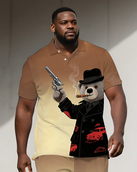 Men's Casual Detective Bear Cartoon Printed Gradient Big Size Short-Sleeve Polo Shirt Shorts Set