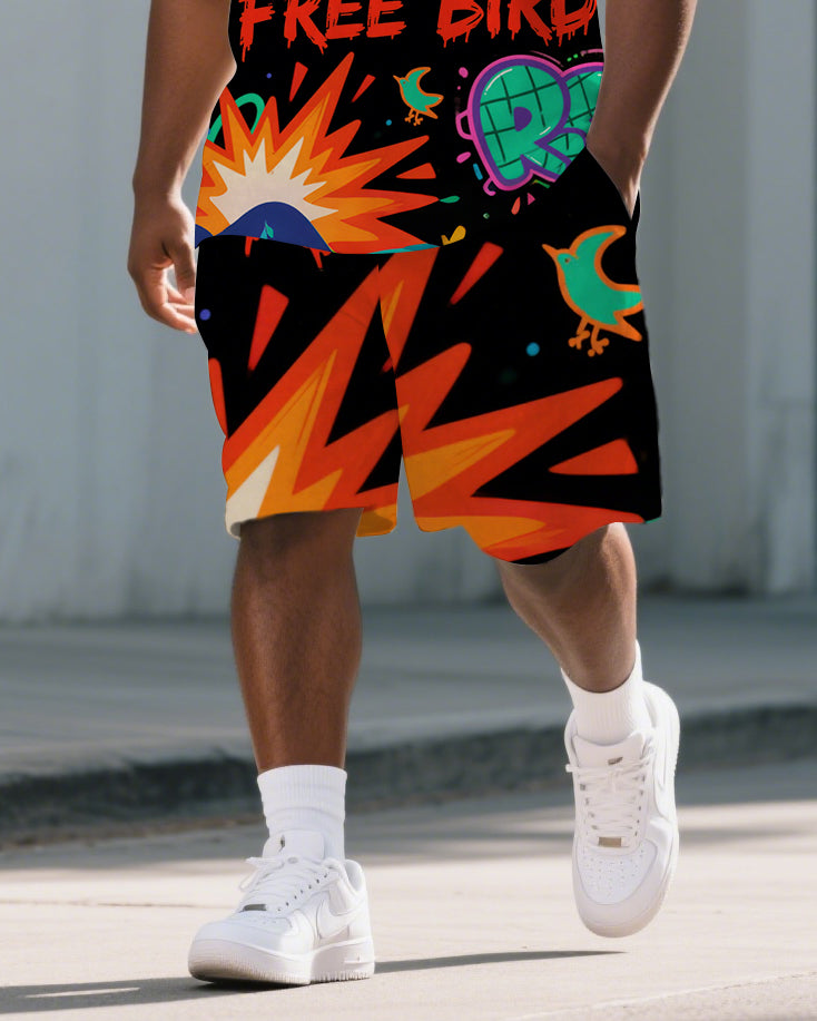 Big Men's Cartoon Letter Graffiti PRISON Theme Short Sleeve Polo Shirt Shorts Casual Set