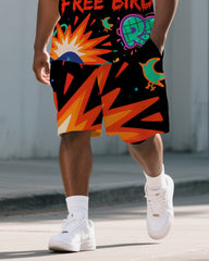 Big Men's Cartoon Letter Graffiti PRISON Theme Short Sleeve Polo Shirt Shorts Casual Set