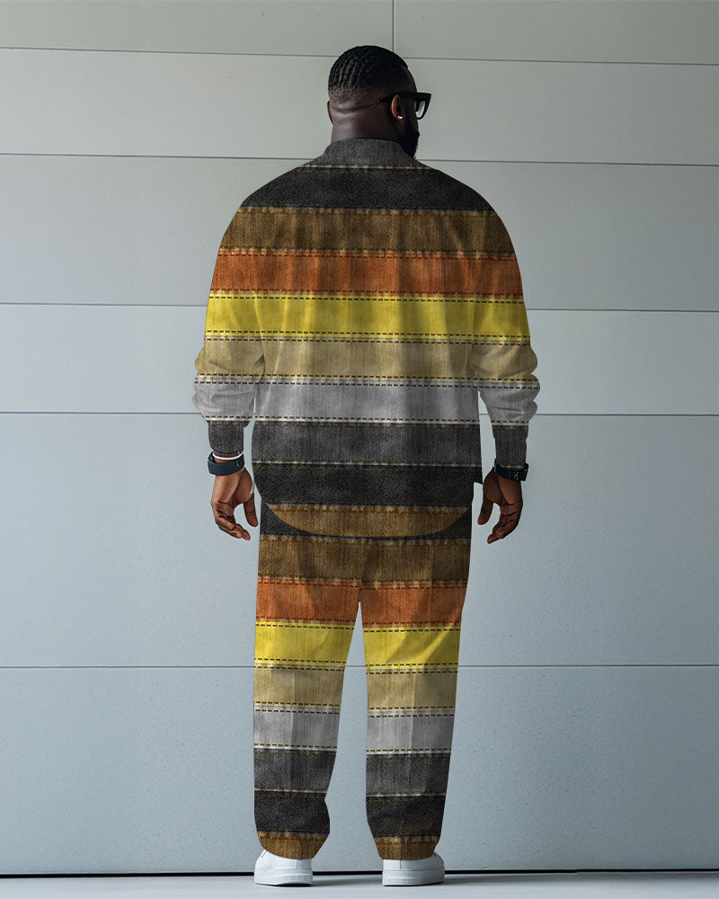 Men's Plus Size Bear Claw Color Block Printing Long Sleeve Shirt Trousers Suit