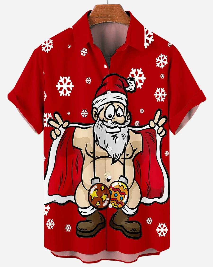Big Guy’s Funny Santa Claus Snowflake Short Sleeve Shirt Shorts Set