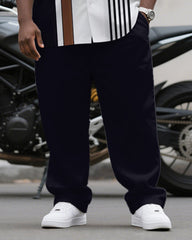 Men's Plus Size Simple Blue Brown Color-block Stripe Printed Short-sleeved Shirt Trousers Suit