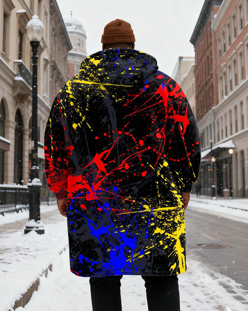 Big & Tall Men's Splash Ink Graffiti Printed Velvet Padded Long Hooded Coat