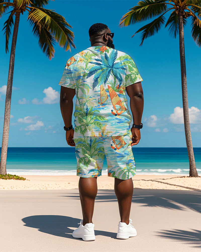 Big & Tall Men's Hawaiian Coconut Sailing Graffiti Print Crewneck Short Sleeve T-Shirt Shorts Suit