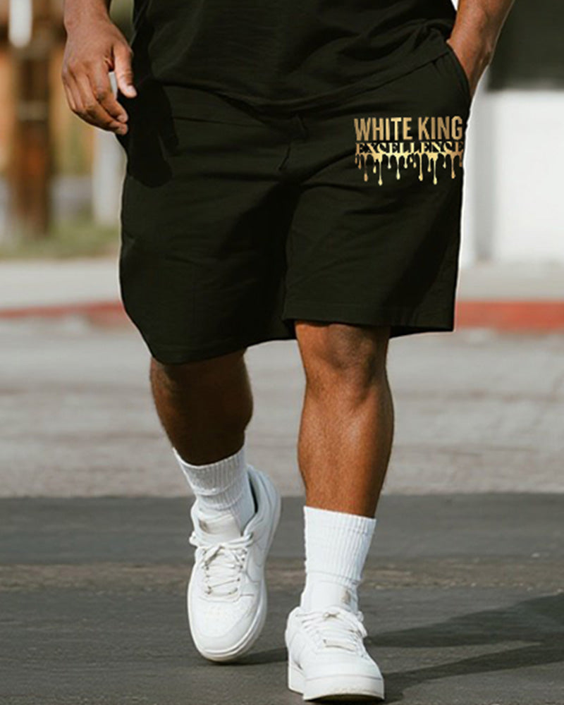 Big & Tall Men's Golden Graffiti White King Alphabet Print Round Neck Short Sleeve T-Shirt Shorts Suit