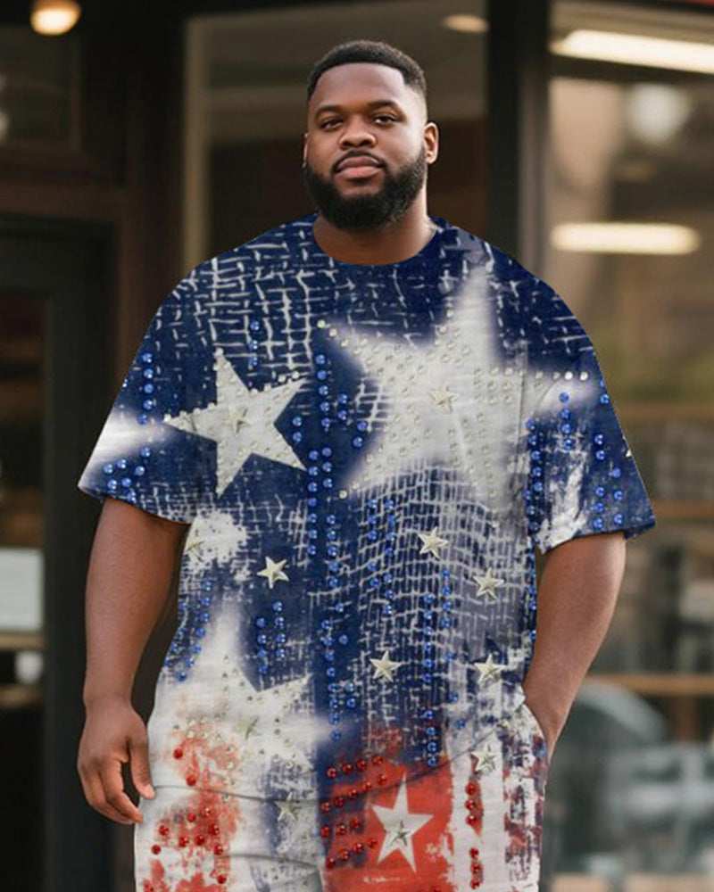 Big & Tall Men's Independence Day Star Print Round Neck Short Sleeve T-Shirt Shorts Suit
