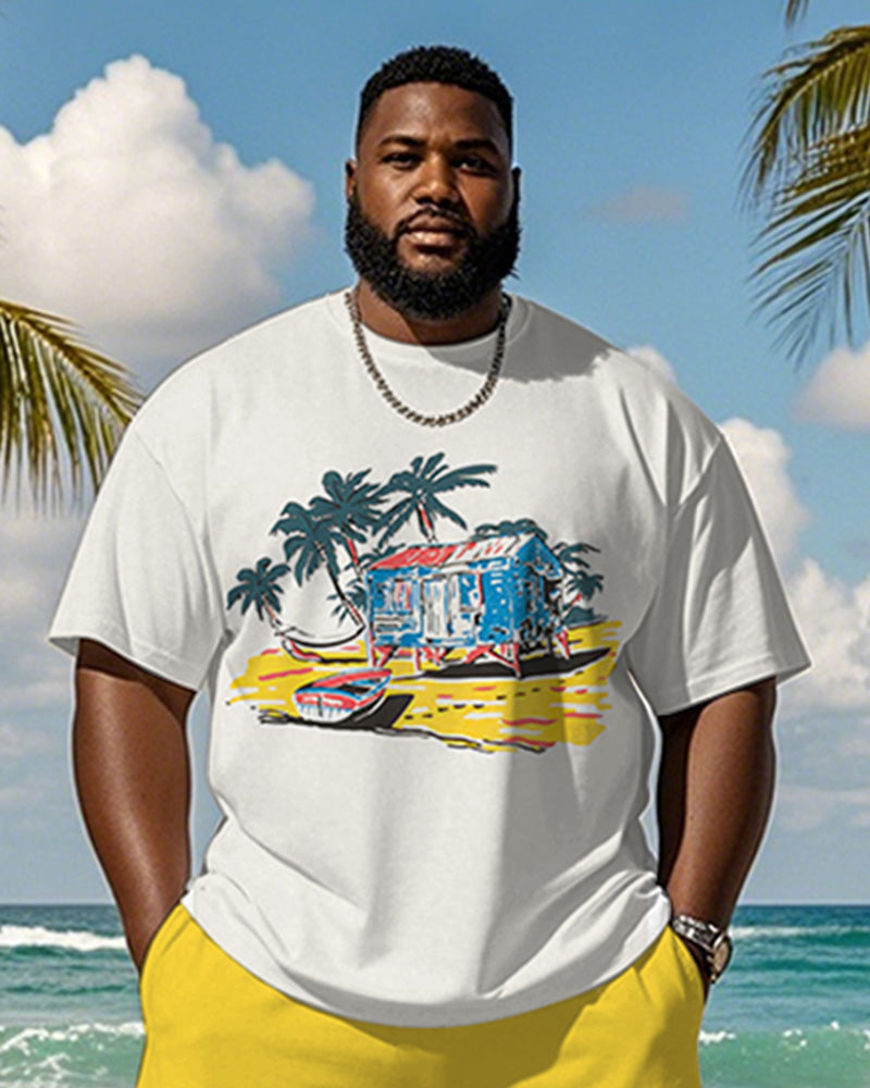 Big & Tall Men's Hawaiian Yellow Coconut Beach Graffiti Print Round Neck Short Sleeve T-Shirt Shorts Suit
