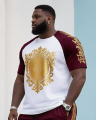Big & Tall Men's Daily Casual Colorblock Retro Printed Round Neck T-Shirt Shorts Suit