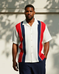 Big & Tall Men's Business Blue And Red Striped Print Short Sleeve Shirt Trousers Suit