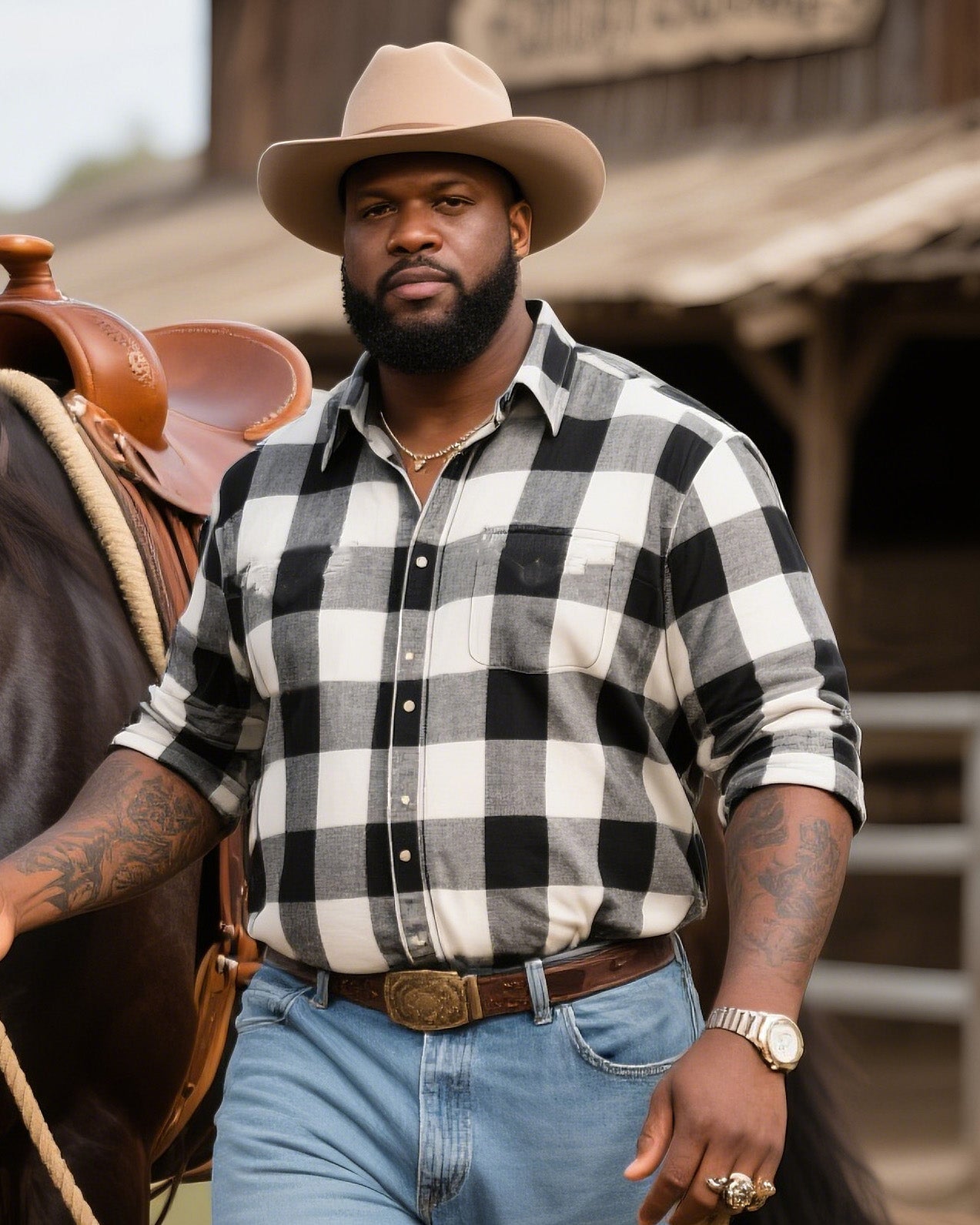 Plus Size Men's Western Style Black And White Classic Long Sleeve Shirt Jeans Suit