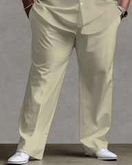 Big Guy’s Daily Casual Simple Shoulder Vintage Print Long Sleeve Shirt Trousers Set