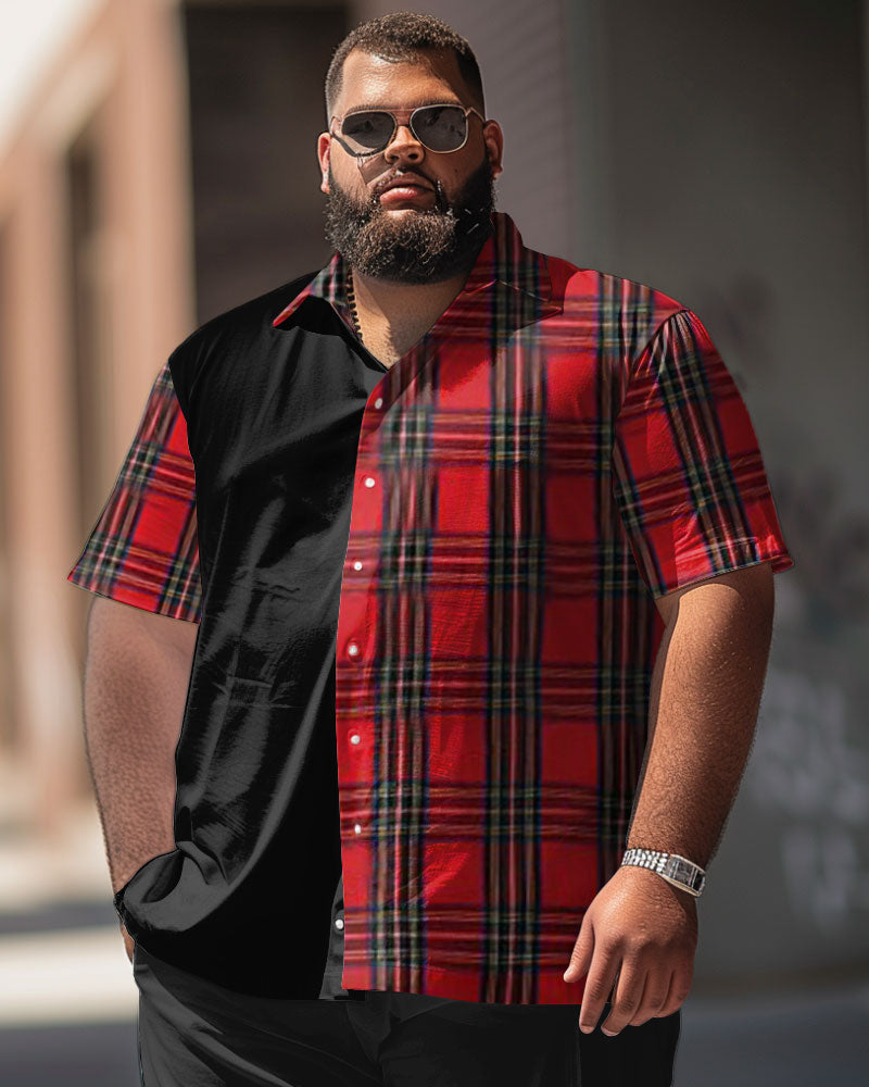 Business Solid Color Stitching Classic Plaid Pattern Large Size Men's Short Sleeve Shirt