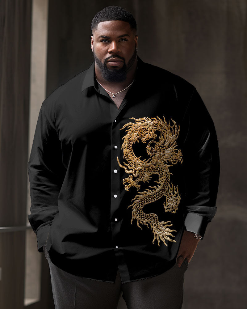 Big Men's Dragon Pattern Lapel Casual Long Sleeve Shirt