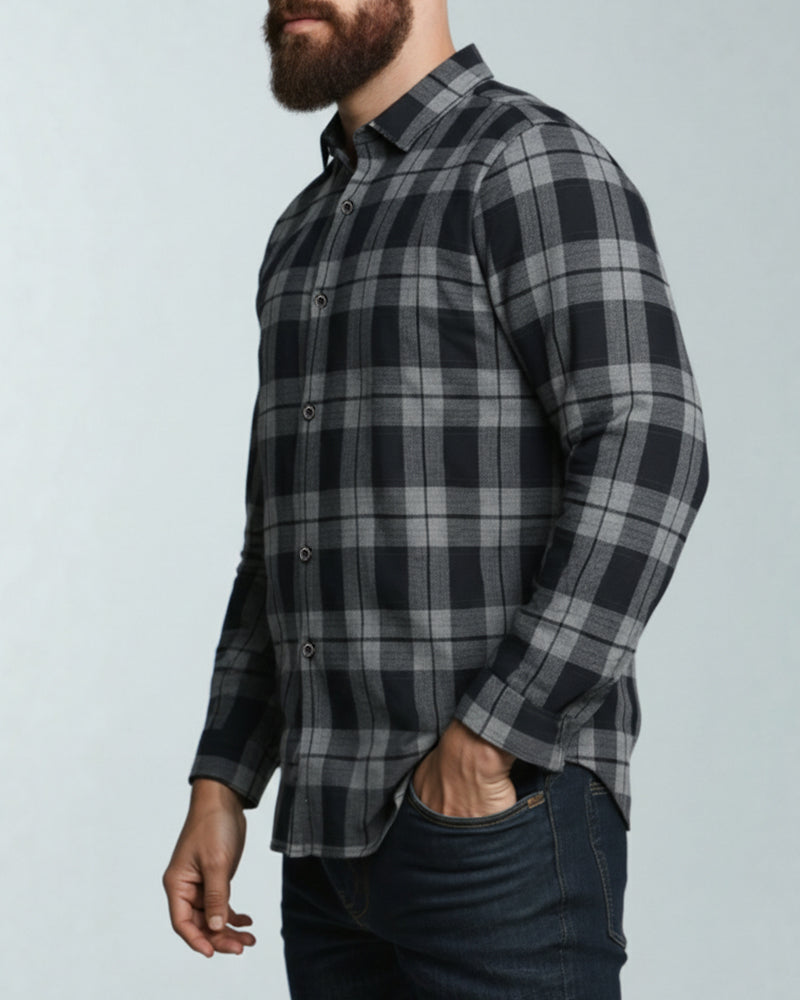 Big & Tall Men's Black-autumn/winter Commuter Plaid Flannel Fabric Long Sleeve Shirt