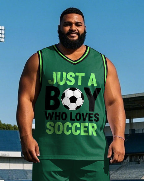 Big Men's Casual Football JUST A BOY Letter Printed Round Neck Vest and Shorts Set