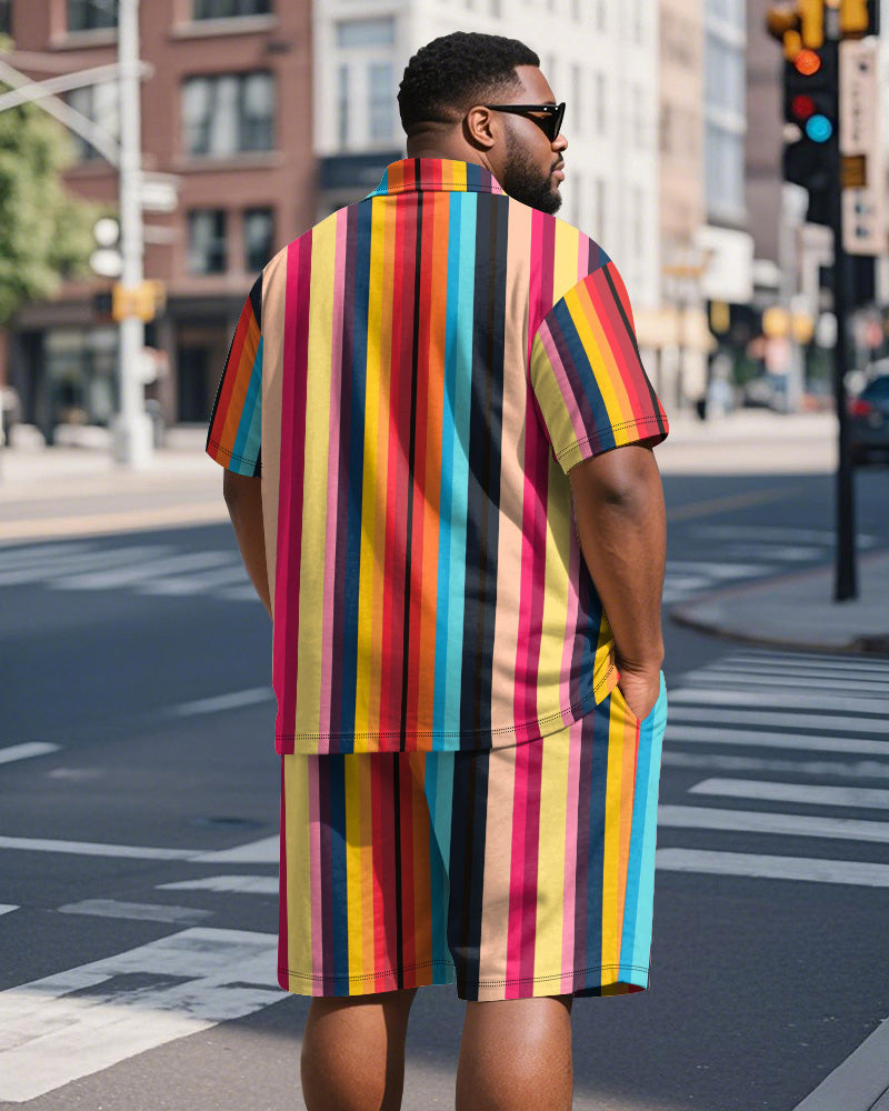 Big & Tall Men's Colorblock Stripe Print Short Sleeve Polo Shirt Shorts Suit