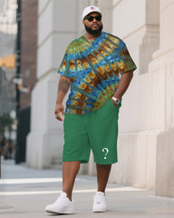 Men's Plus Size Tie-Dye Basal Nebula Double Scalloped Folding Round Neck T-Shirt Shorts Suit