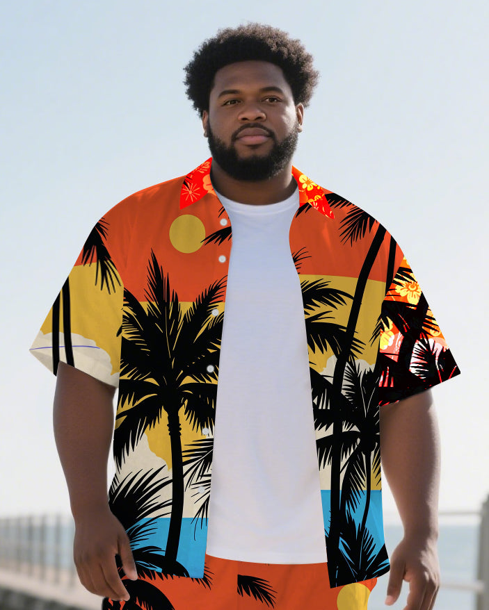 Big Men's Sunset Coconut Trees Hawaiian Theme 2-Piece Short Sleeve Shirt Shorts Suits
