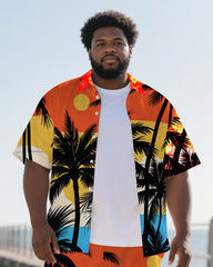 Big Men's Sunset Coconut Trees Hawaiian Theme 2-Piece Short Sleeve Shirt Shorts Suits