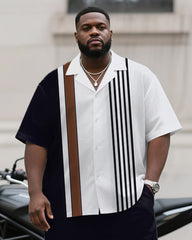 Men's Plus Size Simple Blue Brown Color-block Stripe Printed Short-sleeved Shirt Trousers Suit