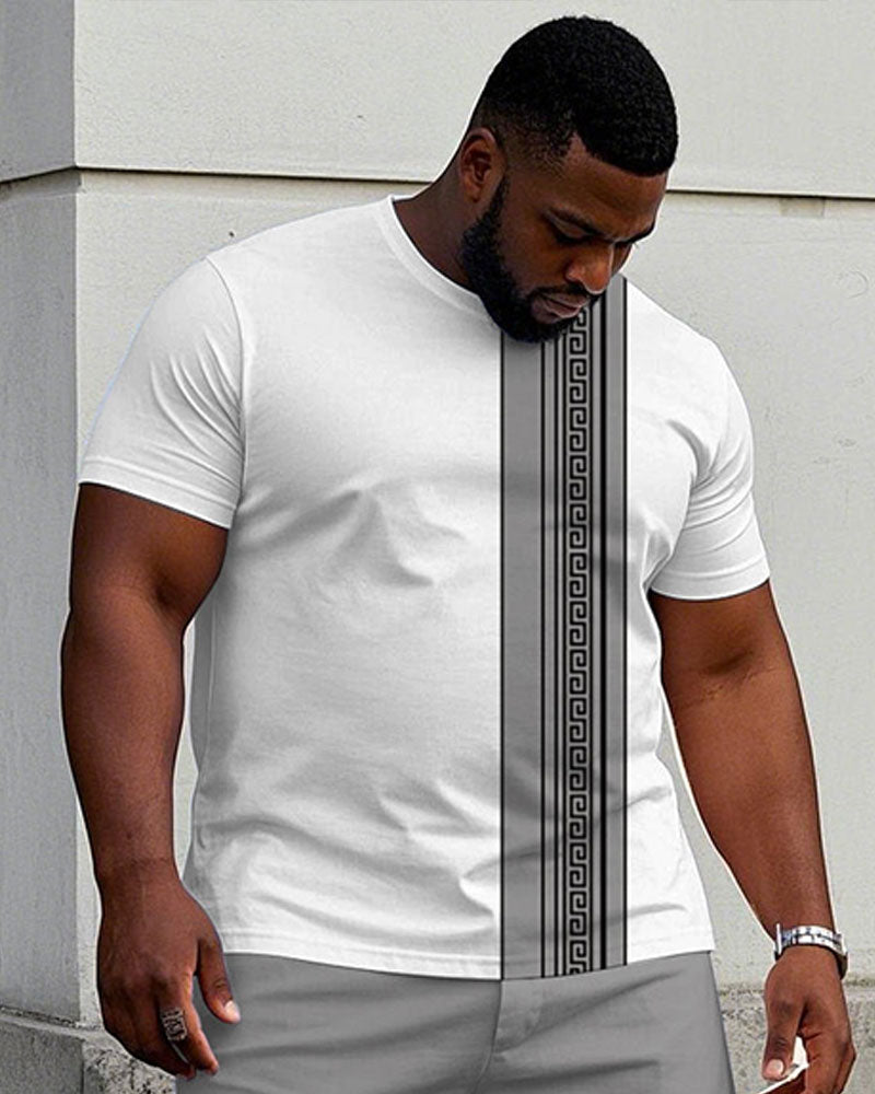 Men's Plus Size Casual Fashion White & Grey Patchwork Printed Short-sleeved T-shirt Shorts Suit