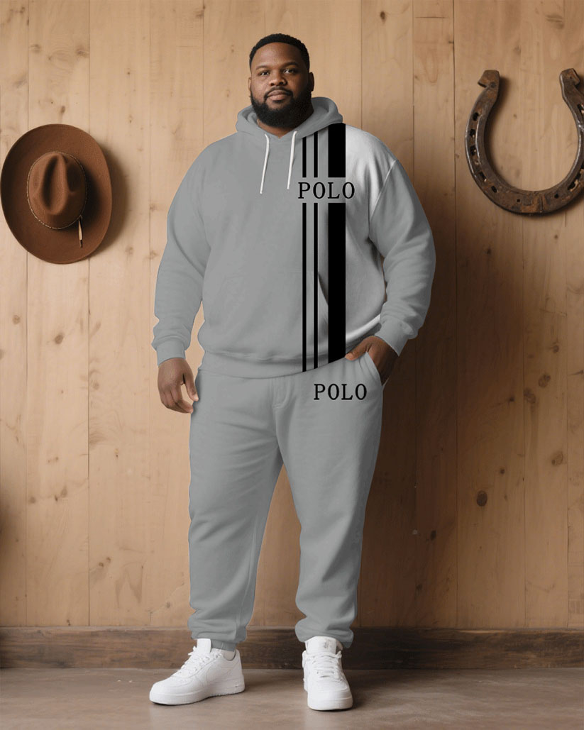 Big & Tall Men' Autumn And Winter Gray & White & Black Stitching Simple Chest Small Label Printed Hoodie Suit