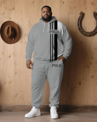 Big & Tall Men' Autumn And Winter Gray & White & Black Stitching Simple Chest Small Label Printed Hoodie Suit
