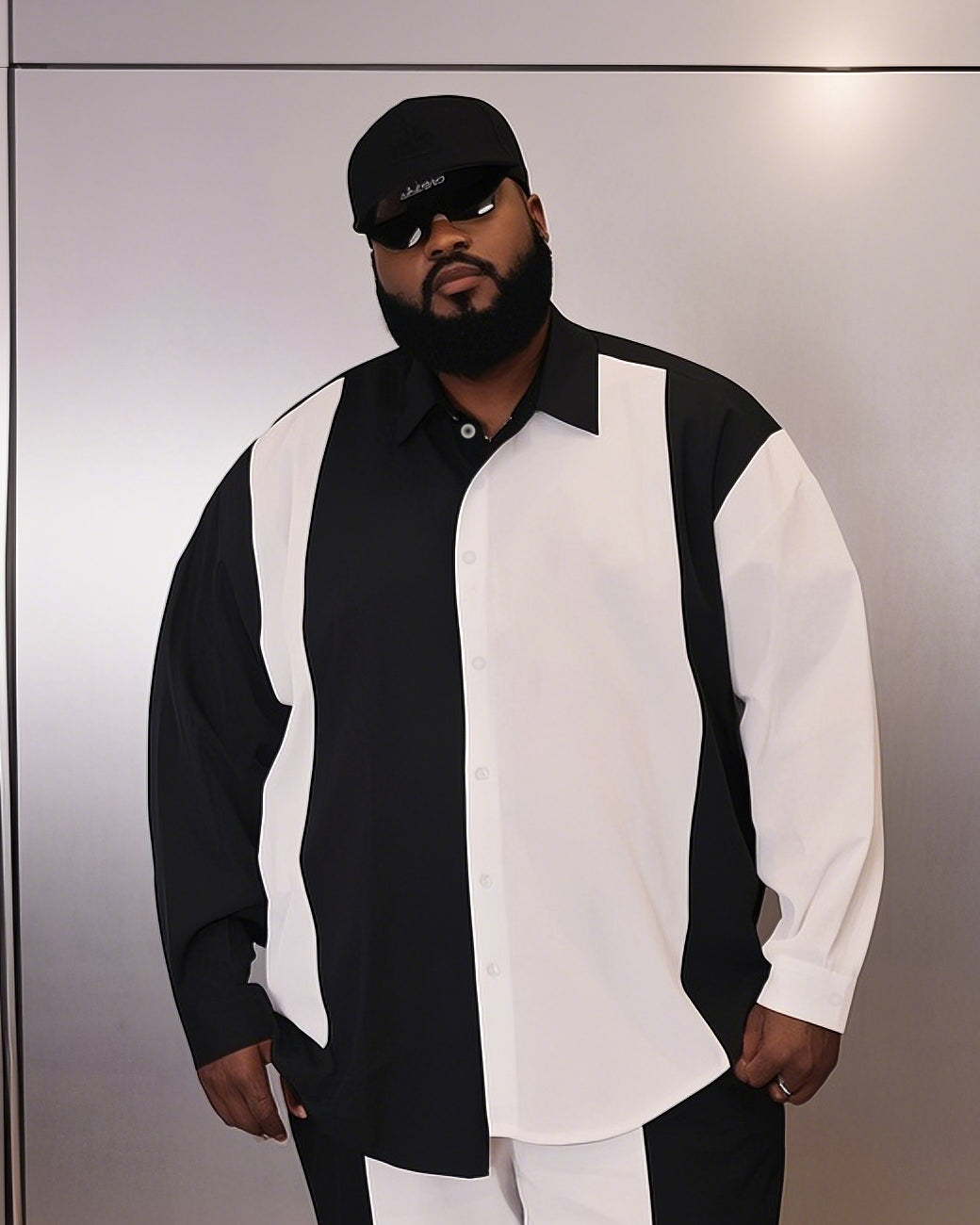 Men's Plus Size Simple Black And White Colorblock Printed Long Sleeve Shirt Trousers Suit