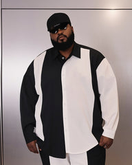 Men's Plus Size Simple Black And White Colorblock Printed Long Sleeve Shirt Trousers Suit