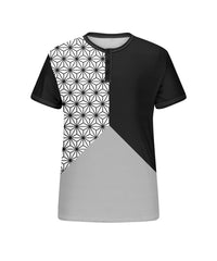 Big & Tall Men's Black Tricolor Geometric Printed Henry Collar Button Short Sleeve T-shirt