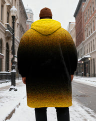 Big & Tall Men's Black And Yellow Grain Gradient Printing Velvet Padded Long Hooded Coat