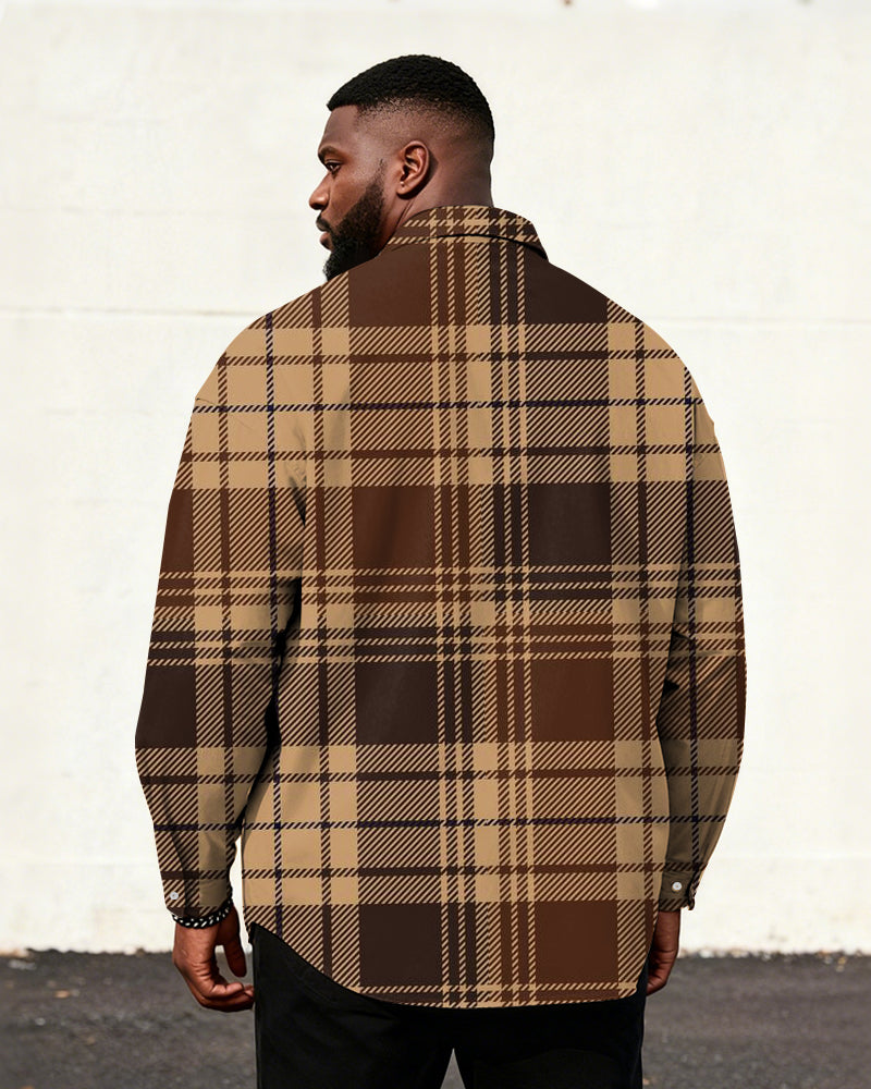 Big & Tall Men's Vintage England Brown Cafe Print Long Sleeve Shirt