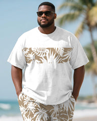 Men's Plus Size Hawaiian Khaki Coconut Print Round Neck Short Sleeve T-Shirt Shorts Suit