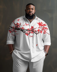 Men's Plus Size Simple Plum Blossom Print Long Sleeve Lapel 2 Shirt Set