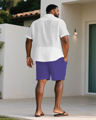 Men's Plus Size White & Purple Wave Short Sleeve Shirt Shorts Suit