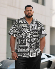 Men's Plus Size Retro Ethnic Pattern Black Short Sleeve Shirt Pants Suit