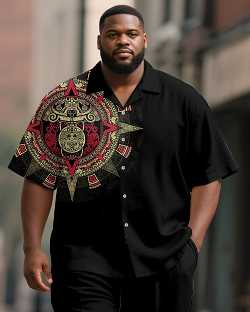 Men's Plus Size Aztec Ethnic Style Printed Short Sleeve Shirt Trousers Suit