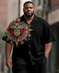 Men's Plus Size Aztec Ethnic Style Printed Short Sleeve Shirt Trousers Suit