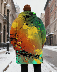 Big & Tall Men's Green Splash Ink Graffiti Print Velvet Thickened Long Hooded Coat