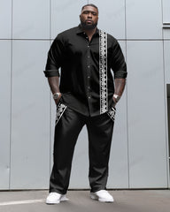 Geometric Pocket Patchwork Printed Long Sleeve Leverage Shirt 2 Piece Set Big Men's