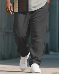 Men's Plus Size Light Gray Black Colorblock Stripe Print Henry Collar T-Shirt Trousers Suit