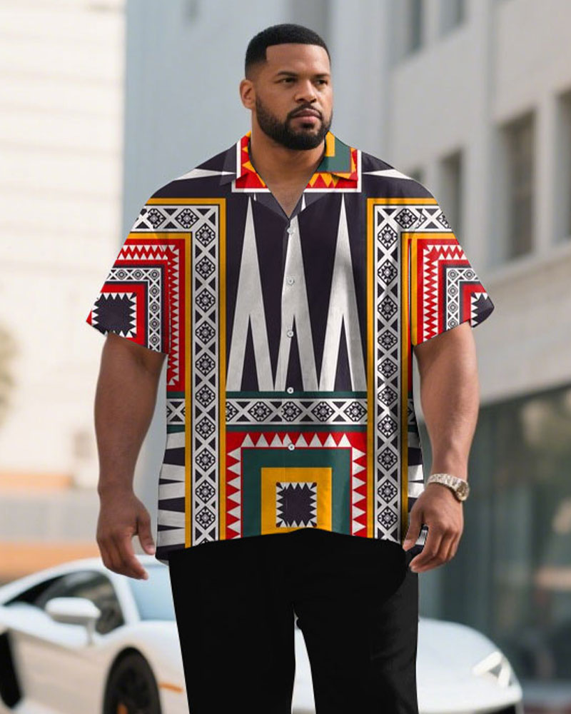 Men's Plus Size Exaggerated Color Design Pattern Short Sleeve Shirt Trousers Suit