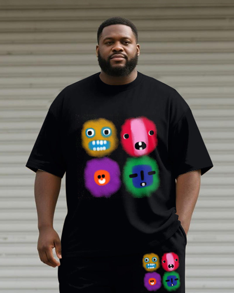 Big & Tall Men's Black Expression Graffiti Print Round Neck Short Sleeve T-Shirt Shorts Suit