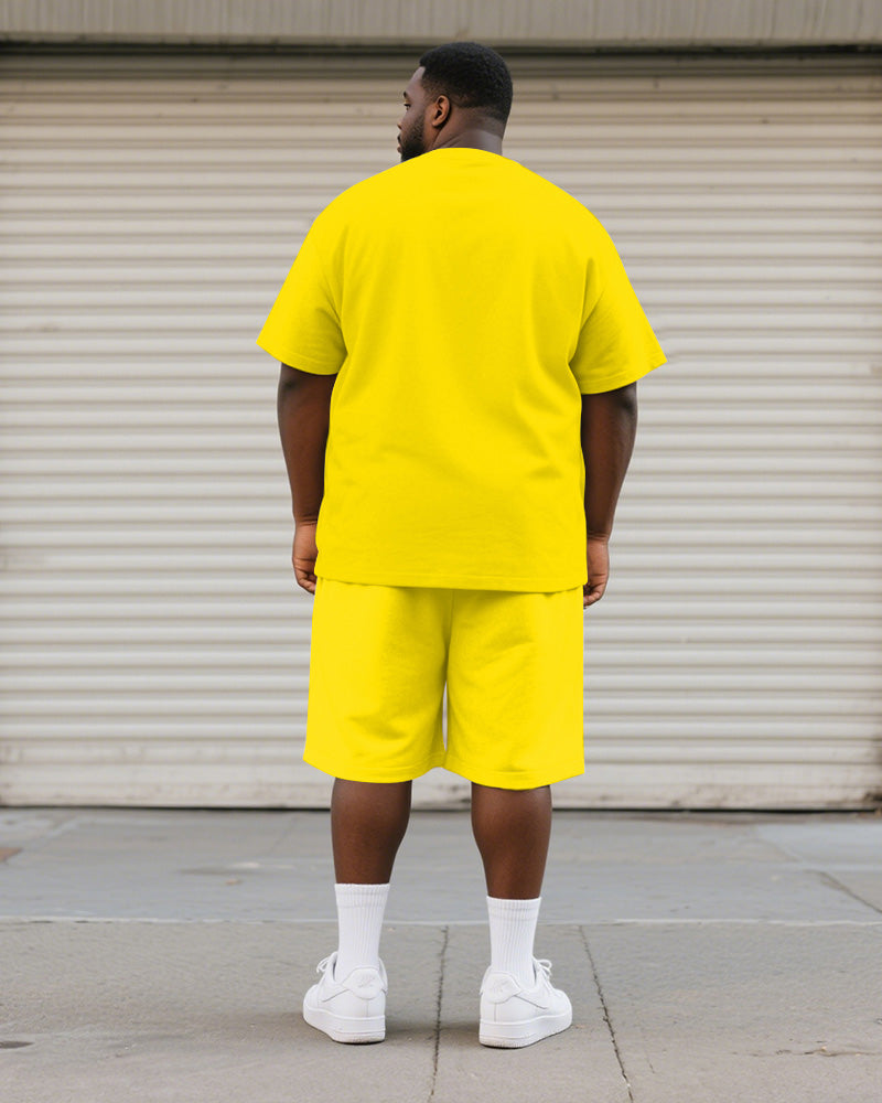 Big & Tall Men's Yellow Cartoon Dog Graffiti Print Round Neck Short Sleeve T-Shirt Shorts Suit