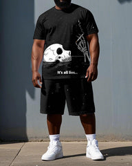 Skulls Speak Truth Men's Simple Skull Print Big & Tall Short Sleeve T-shirt Casual 2-Piece Set