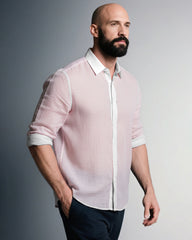 Big & Tall Men's Pink-autumn And Winter Commuter Color Matching Cotton And Linen Fabric Long Sleeve Shirt