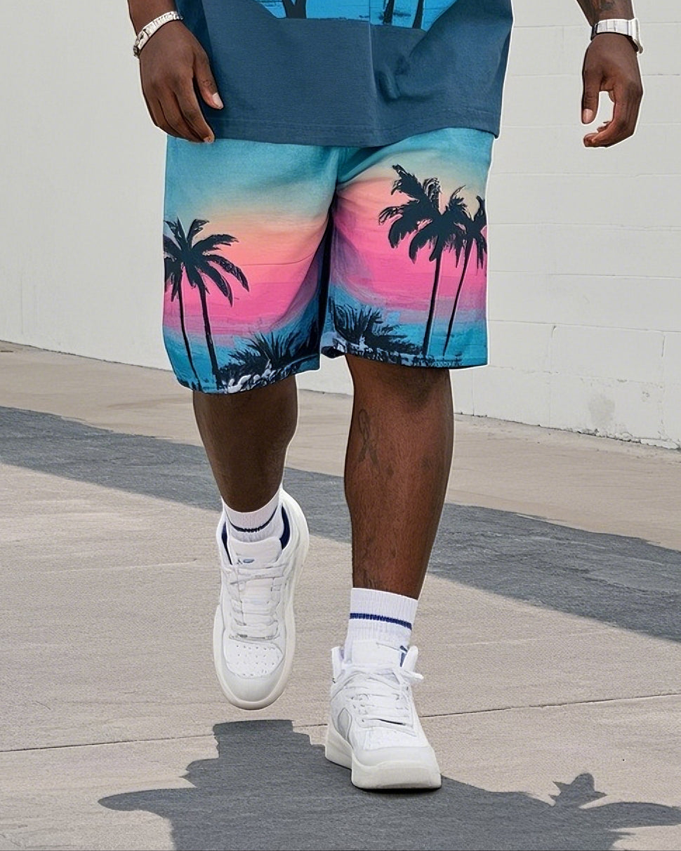 Big Boy Street Fashion Dusk Coconut Tree Print Short Sleeve T-Shirt Shorts Suit