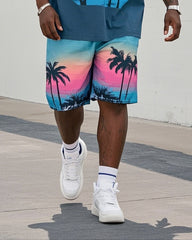 Big Boy Street Fashion Dusk Coconut Tree Print Short Sleeve T-Shirt Shorts Suit