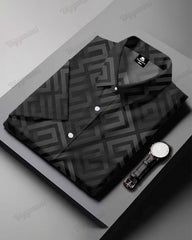 Business Jacquard Geometric Pattern Long Sleeve Lapel Shirt 2 Sets Men's Big & Tall