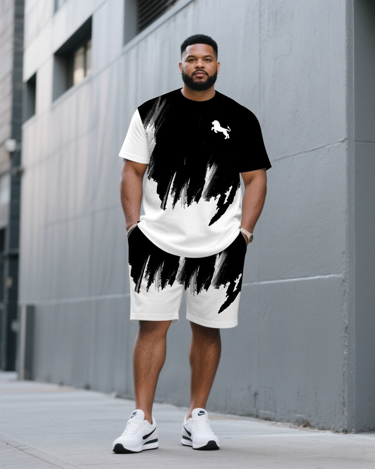 Men's Plus Size Casual Black & White Ink Brush Chest Lion Small Label Fashion Round Neck Short Sleeve T-shirt Shorts Suit